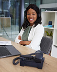 Portrait, black woman arms crossed and call center for customer support, telemarketing and agent in office. African American female, employee and consultant in workplace, smile and help with process