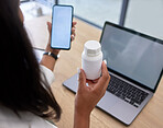 Medicine, phone screen and hands for telehealth services, pharmacy mockup and medical product research. Person, pharmacist or healthcare professional on smartphone mock up for pills bottle advice