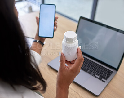 Buy stock photo Medicine, phone screen and hands for telehealth services, pharmacy mockup and medical product research. Person, pharmacist or healthcare professional on smartphone mock up for pills bottle advice