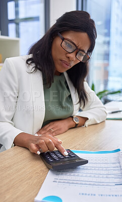 Buy stock photo Finance, accountant and black woman with calculator and document while confused or stress with financial report. Employee person doing business tax audit, budget or profit analysis of data or revenue