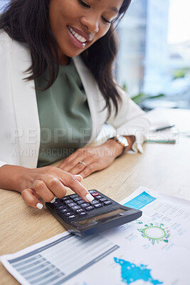 Buy stock photo Finance woman, accountant and calculator for documents  with financial report. Employee person doing business tax audit, budget or profit analysis of data or revenue on paper while happy about growth