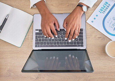 Buy stock photo Laptop, hands and business woman typing while doing research for a corporate project in her office. Technology, desk and professional female working on the computer keyboard for a company report.