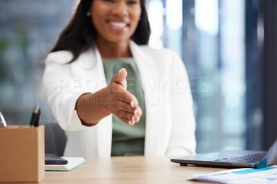 Buy stock photo Professional woman with a handshake gesture in office for welcome, onboarding or greeting. Corporate, career and African female employee shaking hand for partnership, deal or agreement in workplace.