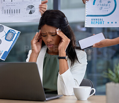 Buy stock photo Stress, anxiety and financial report with woman, leader or manager and hands of staff at laptop. Mental health, headache and burnout of black person accountant time management problem for tax audit