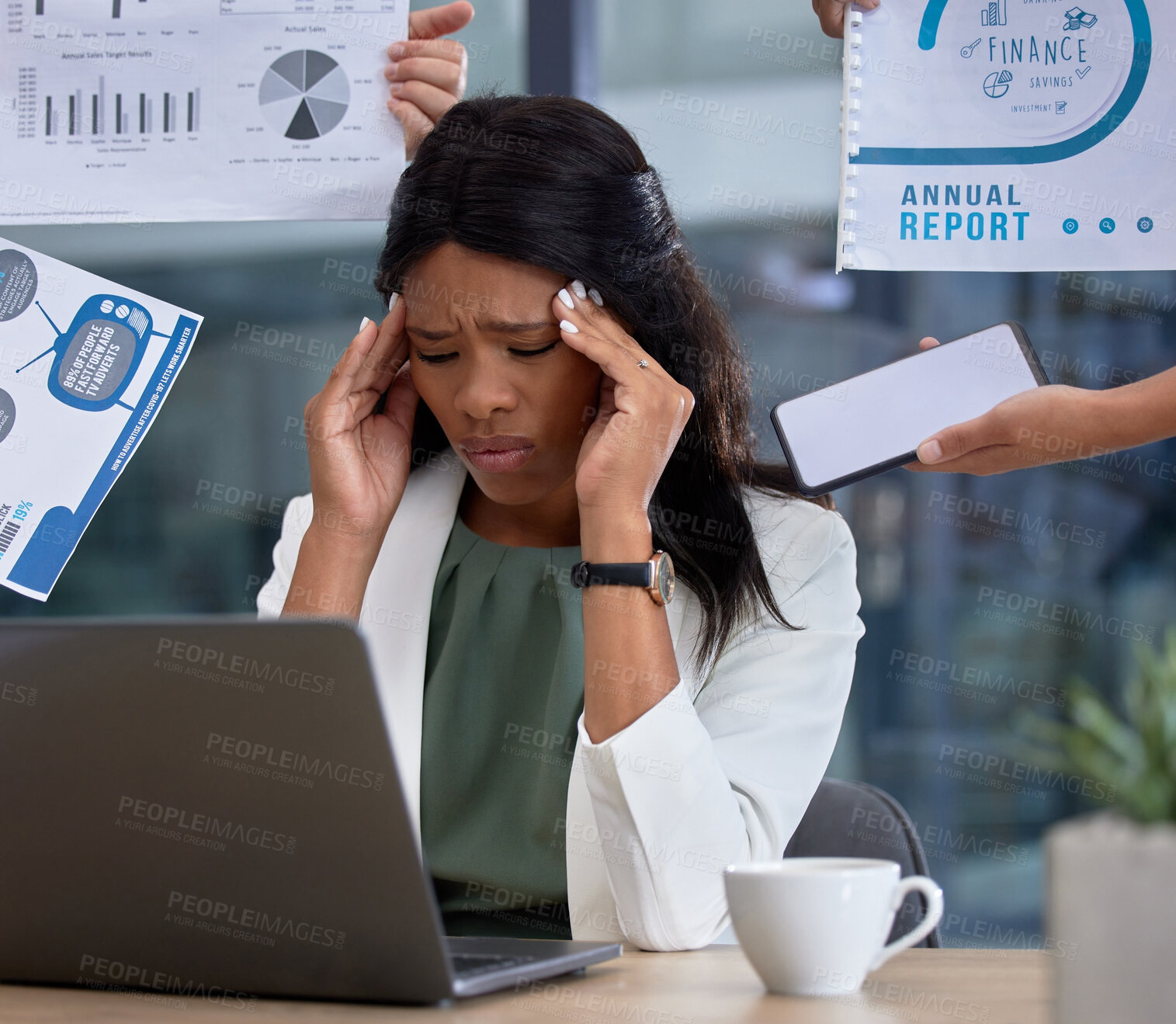 Buy stock photo Stress, anxiety and financial report with woman, leader or manager and hands of staff at laptop. Mental health, headache and burnout of black person accountant time management problem for tax audit