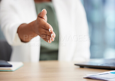 Buy stock photo Business woman with a handshake gesture in her office for welcome, onboarding or greeting. Corporate, career and African female employee shaking hand for partnership, deal or agreement in workplace.