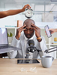 Work chaos, headache and multitasking management of a podcast worker with anxiety. Stress, tired and corporate burnout in a office with a radio presenter feeling fatigue from technology and job