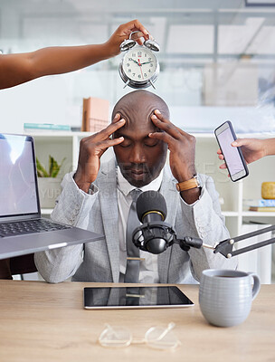 Buy stock photo Work chaos, headache and multitasking management of a podcast worker with anxiety. Stress, tired and corporate burnout in a office with a radio presenter feeling fatigue from technology and job
