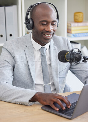 Buy stock photo Radio, laptop and black man on microphone, professional podcast or content creation in office for media broadcast. Virtual reporter, news speaker or journalist speaking on live streaming, audio show