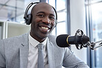 Radio, portrait and black man on microphone, professional podcast or content creation in business office broadcast. Virtual reporter, news speaker or journalist speaking on live streaming audio show