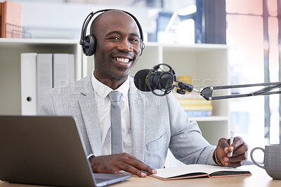 Buy stock photo Portrait, laptop and radio with a black man presenter writing in a notebook during a live broadcast. Computer, podcast and microphone with a male journalist working in media for a talk show or press