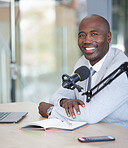 Broadcast, portrait and black man with microphone, radio podcast or content creation in office, laptop and planning. Virtual reporter, news speaker or journalist speaking on live streaming audio show