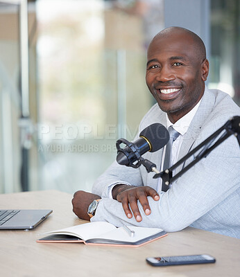 Buy stock photo Broadcast, portrait and black man with microphone, radio podcast or content creation in office, laptop and planning. Virtual reporter, news speaker or journalist speaking on live streaming audio show