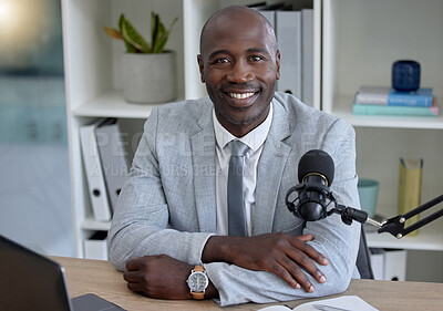 Buy stock photo Journalist portrait, black man and microphone, radio broadcast or content creation of online platform in office. Virtual reporter, news speaker or podcast person speaking on live streaming audio show