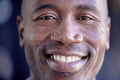 Buy stock photo Happy, smile and closeup portrait of a black man with a positive, good and healthy mindset. Happiness, headshot and zoom face of a excited African male model smiling for good news in the studio.
