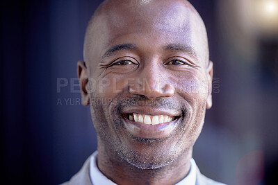 Buy stock photo Happy, smile and portrait of a African businessman with a positive, good and healthy mindset. Happiness, headshot and closeup face of a excited professional person smiling for good news in studio