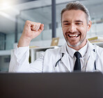 Laptop, man and doctor in celebration of success in hospital for healthcare goals, health achievement and wellness targets. Computer, medical winner and mature physician celebrating winning victory