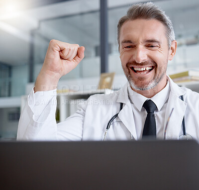 Buy stock photo Laptop, man and doctor in celebration of success in hospital for healthcare goals, health achievement and wellness targets. Computer, medical winner and mature physician celebrating winning victory