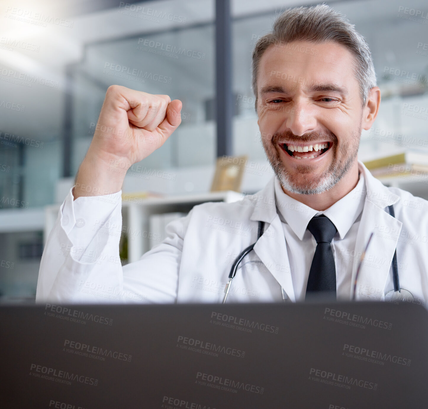 Buy stock photo Laptop, man and doctor in celebration of success in hospital for healthcare goals, health achievement and wellness targets. Computer, medical winner and mature physician celebrating winning victory