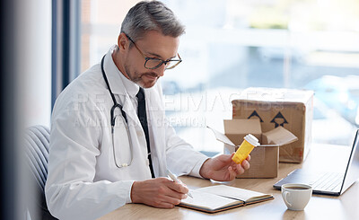 Buy stock photo Writing doctor, pills or order box in medical delivery, prescription logistics or medicine shipping ideas for customer. Man, healthcare or worker and retail drugs, notebook research or export package