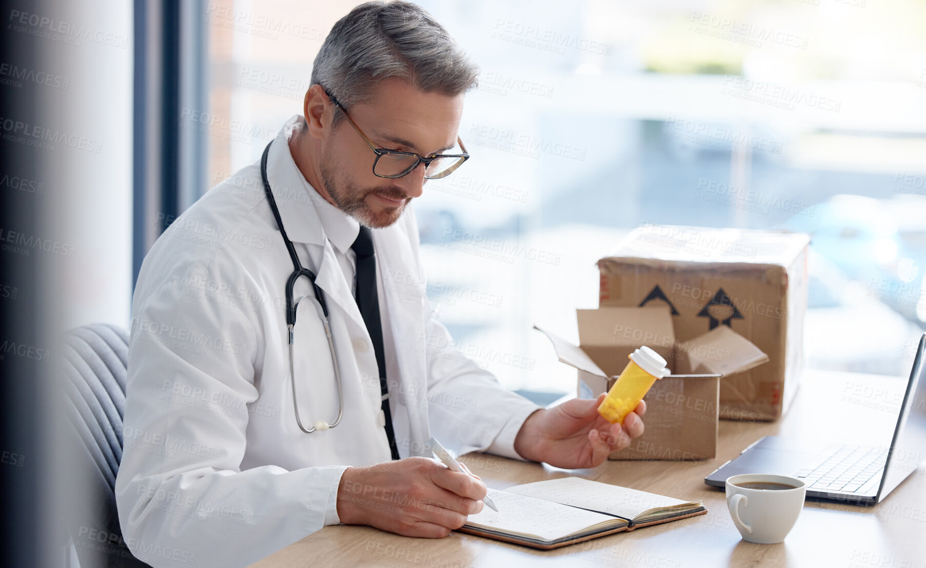 Buy stock photo Writing doctor, pills or order box in medical delivery, prescription logistics or medicine shipping ideas for customer. Man, healthcare or worker and retail drugs, notebook research or export package