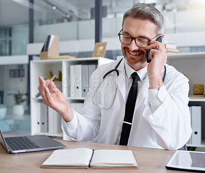 Buy stock photo Networking, consulting and doctor planning on a phone call, healthcare contact and smile for results. Happy, medicine and clinic employee talking on a mobile for medical discussion and ideas