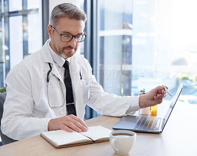Buy stock photo Healthcare, laptop and doctor with medicine research, telehealth services planning or hospital data management. Schedule, planner notebook and medical professional or person pharmaceutical strategy