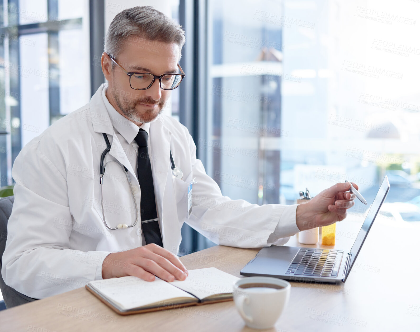 Buy stock photo Healthcare, laptop and doctor with medicine research, telehealth services planning or hospital data management. Schedule, planner notebook and medical professional or person pharmaceutical strategy