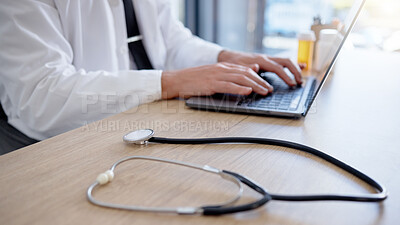 Buy stock photo Closeup, hands and doctor typing, stethoscope and telehealth in office, update data and connection for communication. Healthcare, zoom and man with digital planning, online schedule and research 