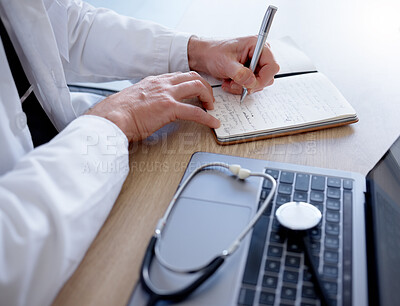 Buy stock photo Doctor, writing or hands and notebook, laptop or stethoscope in medical research, ideas or vision in treatment. Zoom, man or healthcare worker and technology, prescription planning or hospital review