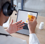 Pills, headphones and doctor on laptop video call, webinar or online consultation. Computer telehealth, medication and hands of man with drug product, medicine or prescription on internet conference.