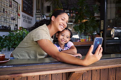 Buy stock photo Coffee shop, black family and selfie with a mother and daughter enjoying time together in a cafe. Photograph, picture and memories with a woman and happy female child bonding in a restaurant