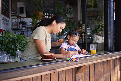 Buy stock photo Coffee shop, black family and crayons with a mother and daughter coloring a book at a cafe window together. Art, creative and love with a woman and happy female child bonding in a restaurant