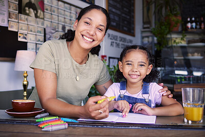 Buy stock photo Coffee shop, black family and portrait with a mother and daughter coloring a book at a cafe window together. Face, art and children with a woman and happy female kid bonding in a restaurant