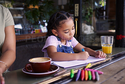 Buy stock photo Girl child color in book at cafe, creative and drawing with crayons, family day to relax with learning and art in Atlanta. Young kid, growth and writing, education and creativity while at coffee shop