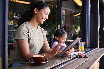 Buy stock photo Black family, children and mother remote working at a cafe together with her daughter coloring in a book. Tablet, internet or coffee shop with a woman freelancer and her female child at a restaurant