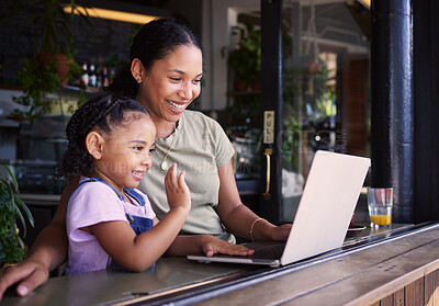 Buy stock photo Mother, daughter and laptop for video call in cafe, greeting and conversation for quality time, relax or chatting. Love, mama or girl in coffee shop, online for connection or communication with smile
