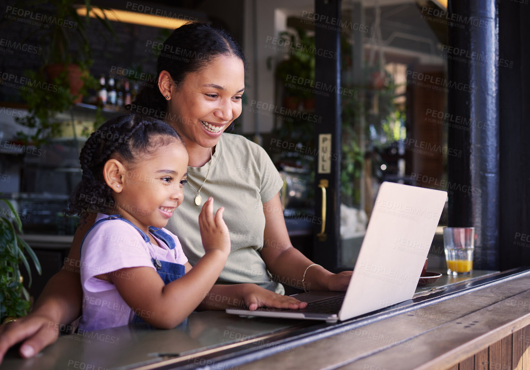 Buy stock photo Mother, daughter and laptop for video call in cafe, greeting and conversation for quality time, relax or chatting. Love, mama or girl in coffee shop, online for connection or communication with smile