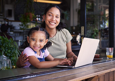 Buy stock photo Portrait, black family in cafe and laptop for communication, weekend break and connection. Love, mother and daughter in coffee shop, search internet or website for online reading and bonding together