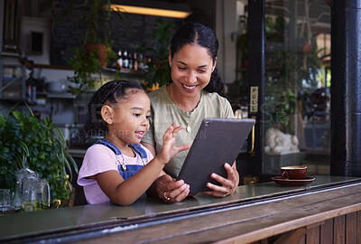 Buy stock photo Digital tablet, cafe and mother with her child reading the online menu before ordering. Technology, internet and mom on a date with her girl kid with a touchscreen mobile device in a coffee shop.