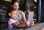 Video call, selfie and mother and girl with a tablet in a restaurant on social media, online and app at a coffee shop. Kid, daughter and child with woman on the internet for communication and talking