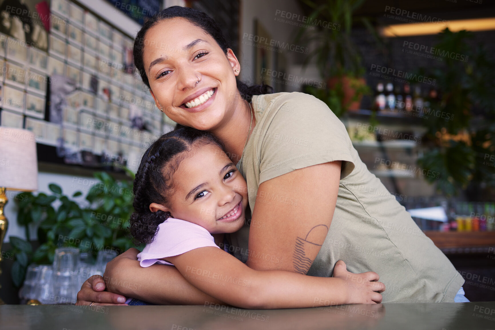 Buy stock photo Cafe, portrait and mother hug kid in coffee shop for love, care or quality time together. Happy parent hugging girl child in restaurant at table of happiness, smile and embrace for bond, relax or fun