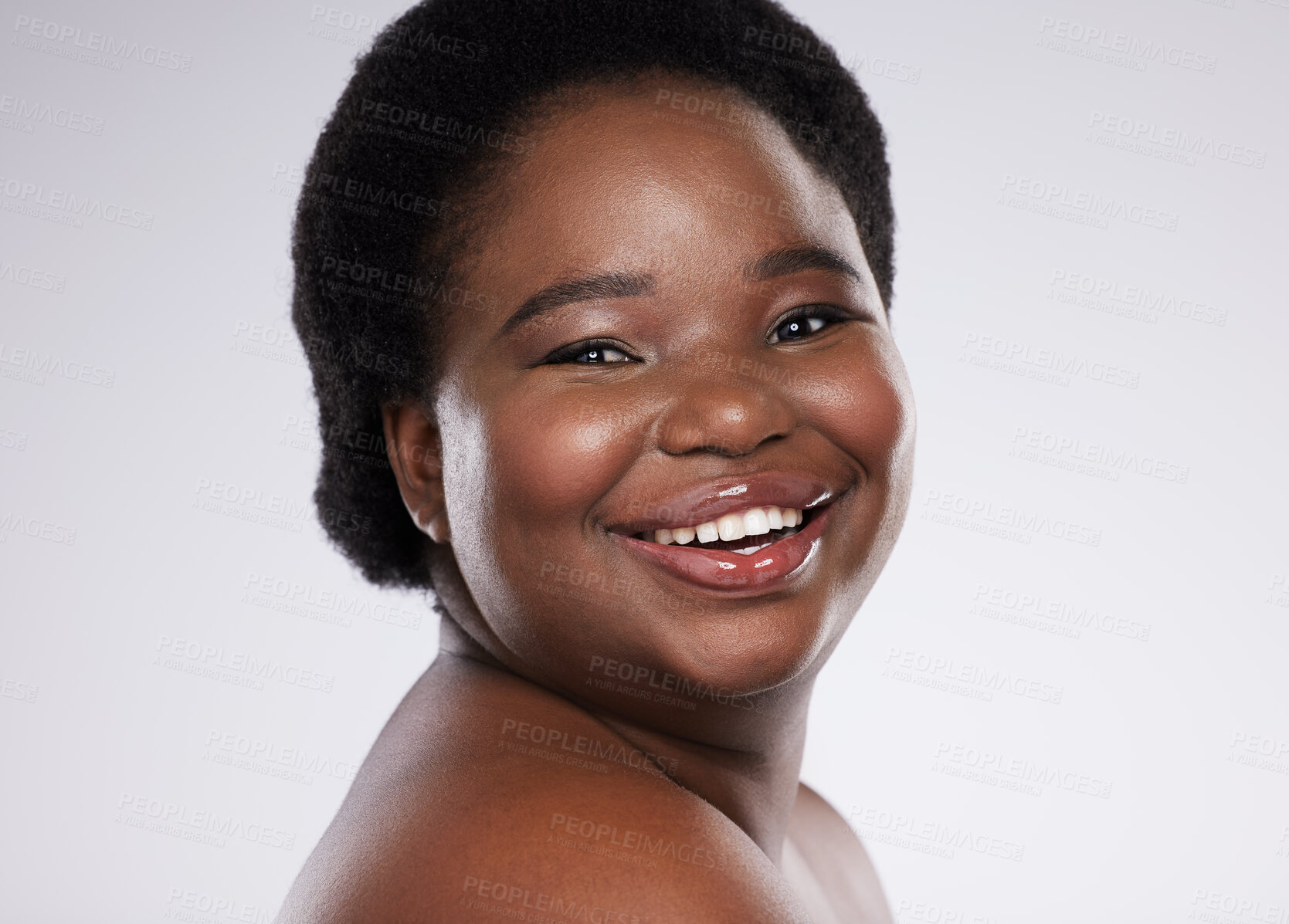 Buy stock photo Black woman, portrait smile and skincare beauty with teeth, cosmetics or makeup against a gray studio background. Happy African American female smiling in satisfaction for self love, care or facial 