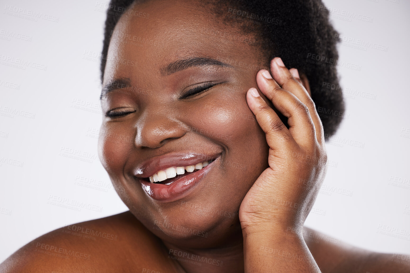 Buy stock photo Skincare, black woman and cosmetics for dermatology, smile and confident girl on grey studio background. African American female, lady and makeup for beauty, grooming or salon treatment for body care