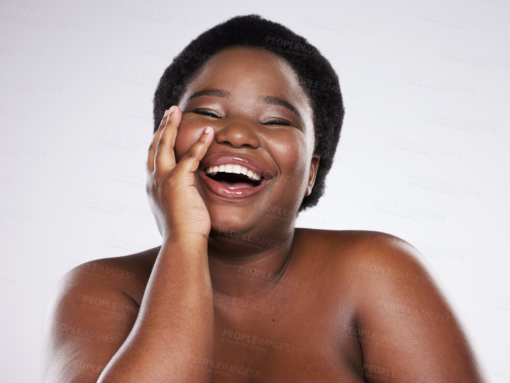 Buy stock photo Beauty, skincare and portrait of black woman with smile for wellness, dermatology and luxury cosmetics in studio. Spa, aesthetic and face of plus size girl with glowing skin, self love and makeup