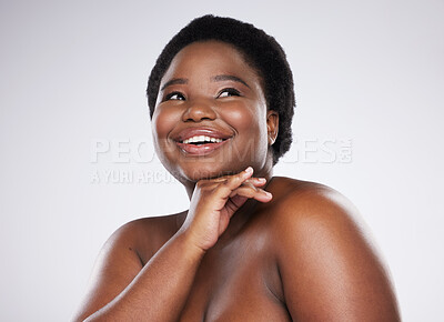 Buy stock photo Beauty, smile and face of black woman for wellness, skincare and luxury cosmetics in white studio. Spa aesthetic, dermatology and happy female plus size model with glowing skin, self love and makeup