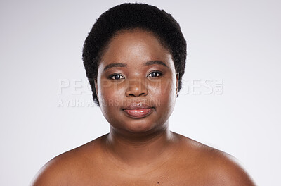 Buy stock photo Black woman, skincare beauty and studio portrait with healthy skin glow, wellness and happy for self care. Isolated african model, cosmetics and makeup for dermatology, aesthetic and facial health