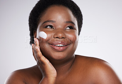Buy stock photo Cream, face and beauty black woman isolated on a white background for skincare, product or cosmetics smile. African model or person with facial lotion, collagen 
or dermatology sunscreen in studio