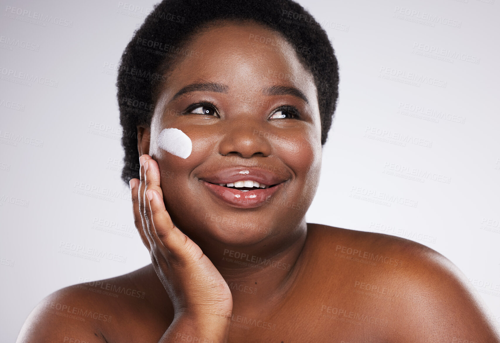 Buy stock photo Cream, face and beauty black woman isolated on a white background for skincare, product or cosmetics smile. African model or person with facial lotion, collagen 
or dermatology sunscreen in studio