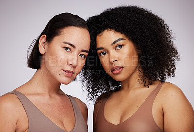 Buy stock photo Women, face and diversity with portrait, beauty and skincare for different skin color and unique isolated on studio background. Natural cosmetics, glow and dermatology, inclusion and facial care